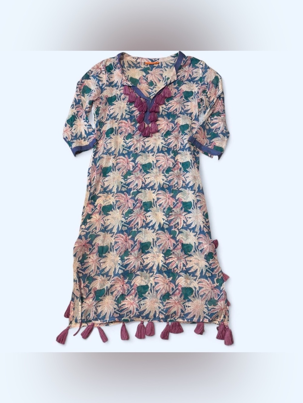 Oliphant Midi Kaftan Dress Sz Medium Cotton Voile Tassels Floral Resort Wear